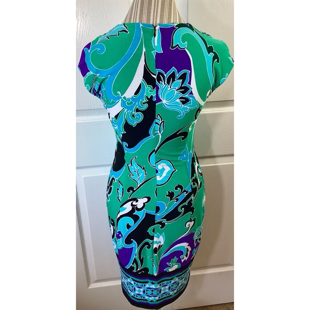 CACHE Blue/Green Baroque Print Mini Sheath Vacation Resort Dress~Small - Picture 5 of 6